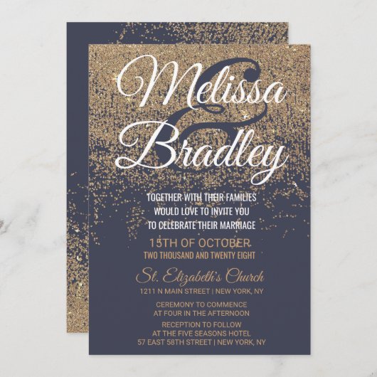 金ゴールドグリッタースパークルスネイビーブルー結婚ズ 招待状 (正面/裏面)