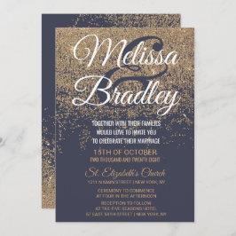 金ゴールドグリッタースパークルスネイビーブルー結婚ズ 招待状