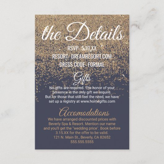 金ゴールドグリッタースパークルスネイビー結婚ブルー詳細 エンクロージャーカード (正面)