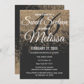 金ゴールドグリッタースパークルスブラックスウィート16 招待状 (正面/裏面)