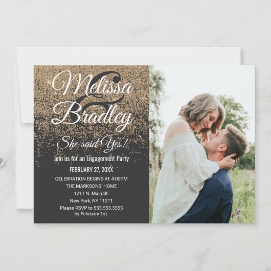 金ゴールドグリッタースパークルスブラック婚約 招待状 (正面)