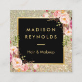 金ゴールドグリッタースパークルズピンクフローラ美しいサロン スクエア名刺 (正面)