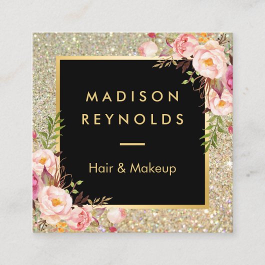 金ゴールドグリッタースパークルズピンクフローラ美しいサロン スクエア名刺 (正面)