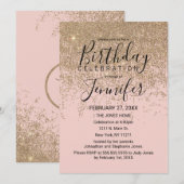 金ゴールドグリッタースパークルズ赤面ピンクバースデーパーティー 招待状 (正面/裏面)