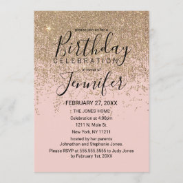 金ゴールドグリッタースパークルズ赤面ピンクバースデーパーティー 招待状