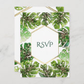 金ゴールドグリッタースパークルトロピカル葉ウェディングRSVP インビテーションポストカード (正面/裏面)