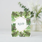 金ゴールドグリッタースパークルトロピカル葉ウェディングRSVP インビテーションポストカード (スタンド正面)