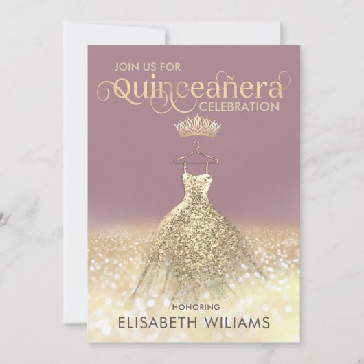 金ゴールドグリッタースパークルドレステグラデーションィアラキンセアニラ 招待状 (正面)