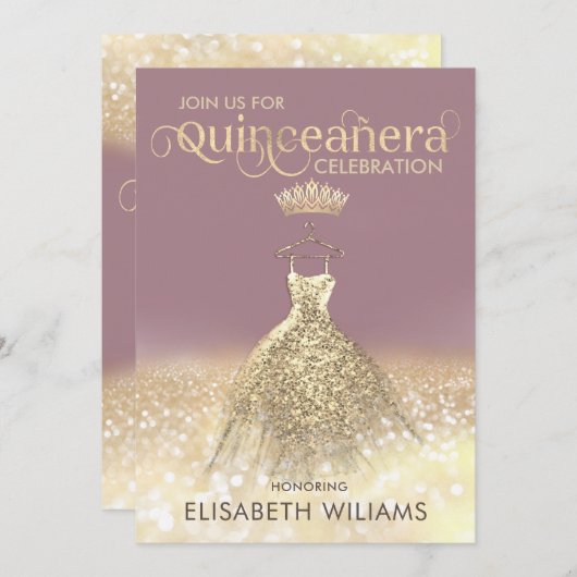 金ゴールドグリッタースパークルドレステグラデーションィアラキンセアニラ 招待状 (正面/裏面)