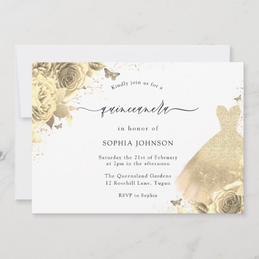 金ゴールドグリッタースパークルドレスフローラキンセアニェラ15日 招待状 (正面)