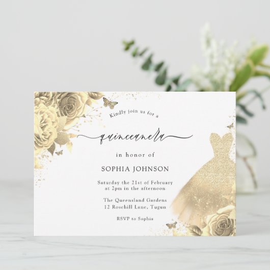 金ゴールドグリッタースパークルドレスフローラキンセアニェラ15日 招待状 (スタンド正面)
