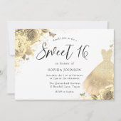 金ゴールドグリッタースパークルドレスフローラスウィート16パーティー 招待状 (正面)