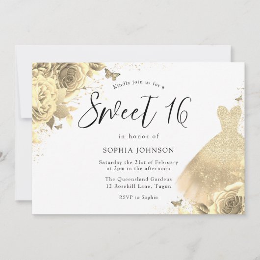 金ゴールドグリッタースパークルドレスフローラスウィート16パーティー 招待状 (正面)