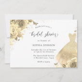 金ゴールドグリッタースパークルドレスフローラブライダルシャワー 招待状 (正面)