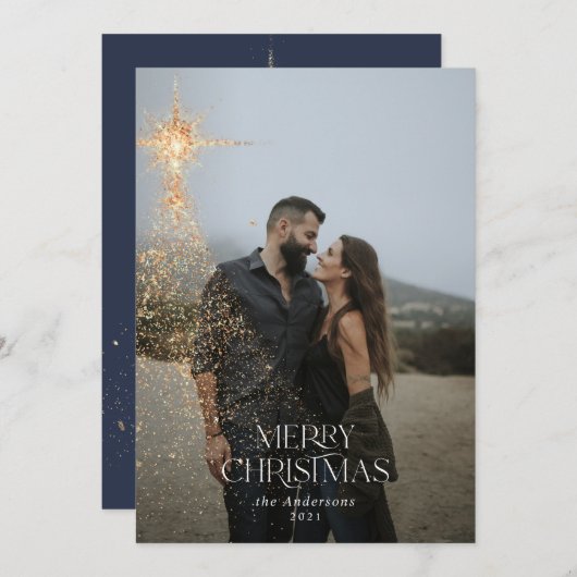 金ゴールドグリッタースパークルブルーモダンクリスマスホリデー シーズンカード (正面/裏面)