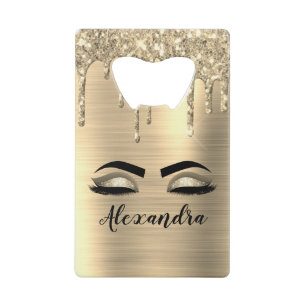 金ゴールドグリッタースパークル睫毛モノグラム名 クレジットカード栓抜き