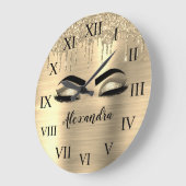 金ゴールドグリッタースパークル睫毛モノグラム名 ラージ壁時計 (傾斜)