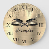 金ゴールドグリッタースパークル睫毛モノグラム名 ラージ壁時計 (正面)