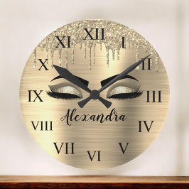 金ゴールドグリッタースパークル睫毛モノグラム名 ラージ壁時計