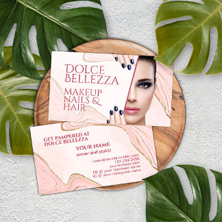 金ゴールドグリッタースパークル赤面ピンクマーブルアートパターン 名刺