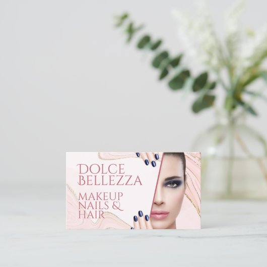 金ゴールドグリッタースパークル赤面ピンクマーブルアートパターン 名刺 (スタンド正面)