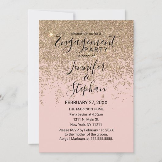 金ゴールドグリッタースパークル赤面ピンク婚約 招待状 (正面)
