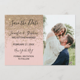 金ゴールドグリッタースパークル赤面ピンク日付を保存 招待状