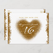 金ゴールドグリッタースピルスウィート16ハート保存日付 案内ポストカード (正面/裏面)