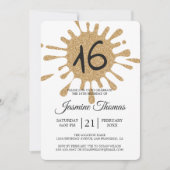 金ゴールドグリッタースプラッシュスウィート16 16thバースデーパーティー 招待状 (正面)