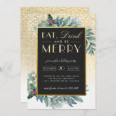 金ゴールドグリッタース食べノードリンクベホリデメリーィーパーティー 招待状 (正面/裏面)