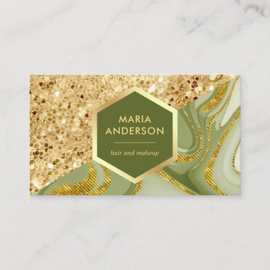 金ゴールドグリッターセージグリーンマーブルメイクアップアーティスト 名刺 (正面)