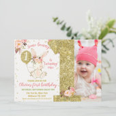 金ゴールドグリッターソフバニー1歳の誕生日 招待状 (スタンド正面)