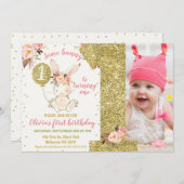 金ゴールドグリッターソフバニー1歳の誕生日 招待状 (正面/裏面)