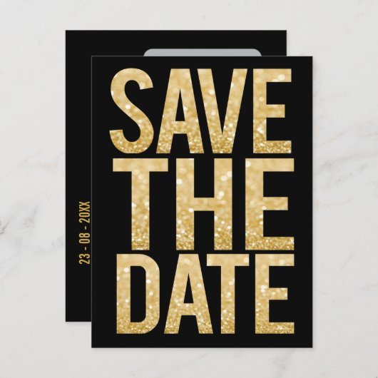 金ゴールドグリッタータイポグラフィ日付ポストカードの保存 案内ポストカード (正面/裏面)
