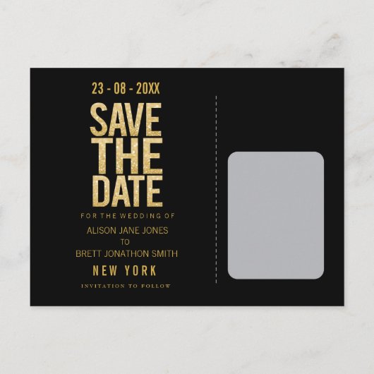 金ゴールドグリッタータイポグラフィ日付ポストカードの保存 案内ポストカード (裏面)