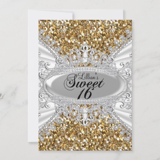 金ゴールドグリッターダイアモンドティアラスウィート16招待状 招待状 (正面)