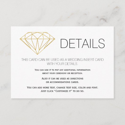 金ゴールドグリッターダイヤモンドトレンディー結婚の詳細インサート エンクロージャーカード (正面)