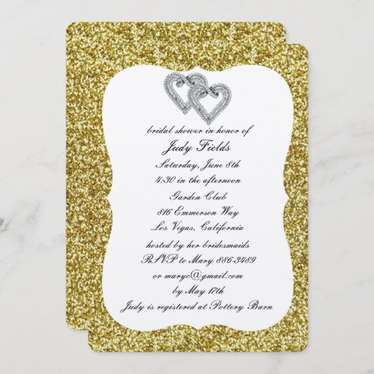 金ゴールドグリッターダイヤモンドハートブライダルシャワー招待状 招待状 (正面/裏面)