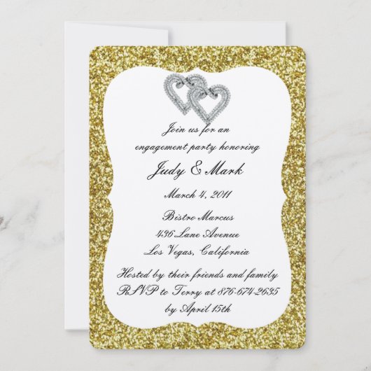 金ゴールドグリッターダイヤモンドハート婚約パーティ 招待状 (正面)