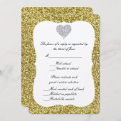 金ゴールドグリッターダイヤモンドハート応答カード 招待状 (正面/裏面)