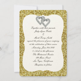 金ゴールドグリッターダイヤモンドハート結婚式招待状 招待状