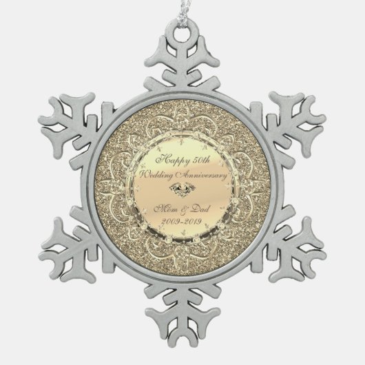 金ゴールドグリッターダイヤモンド結婚50周年記念 スノーフレークピューターオーナメント (正面)