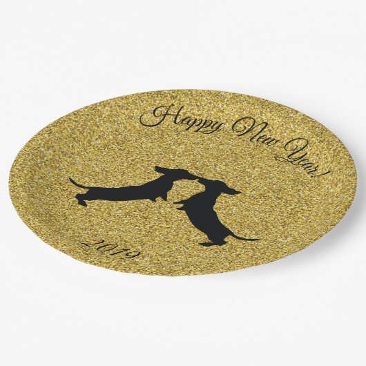 金ゴールドグリッターダッシュンドハッピーニューイヤーパーティープレート ペーパープレート (アングル)