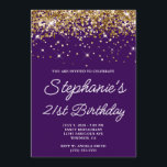 金ゴールドグリッターダークパープル21st誕生日 招待状<br><div class="desc">彼女モダンのための21歳の誕生日の招待モノリンのスクリプト。この招待状はカスタマイズ、別のマイルストーン誕生祝いに対して使用できる。デジタルアートフェイクは、黒い紫の背景色に対して余分な輝きを持つスパーク無地のリーな金ゴールドグリッターを特徴とする。このデザインのキラキラ輝く光る要素はモダンすべてガーリー、これらの招待状上の写真のようにプリントするデジタルアートグラフィックスである。</div>