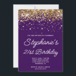 金ゴールドグリッターダークパープル21st誕生日 招待状<br><div class="desc">彼女モダンのための21歳の誕生日の招待モノリンのスクリプト。この招待状はカスタマイズ、別のマイルストーン誕生祝いに対して使用できる。デジタルアートフェイクは、黒い紫の背景色に対して余分な輝きを持つスパーク無地のリーな金ゴールドグリッターを特徴とする。このデザインのキラキラ輝く光る要素はモダンすべてガーリー、これらの招待状上の写真のようにプリントするデジタルアートグラフィックスである。</div>