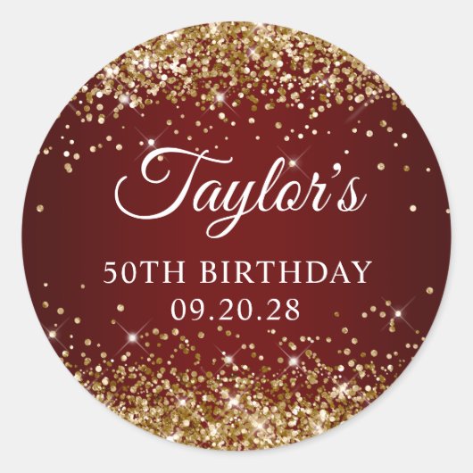 金ゴールドグリッターダークレッド50誕生日 ラウンドシール (正面)
