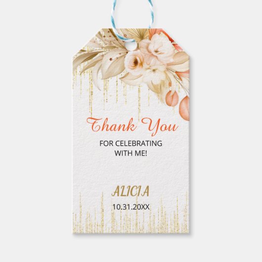 金ゴールドグリッターチェーンイエローオレンジフラワー誕生日 ギフトタグ (正面)