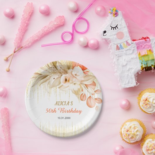 金ゴールドグリッターチェーンイエローオレンジフラワー誕生日 ペーパープレート (パーティー)