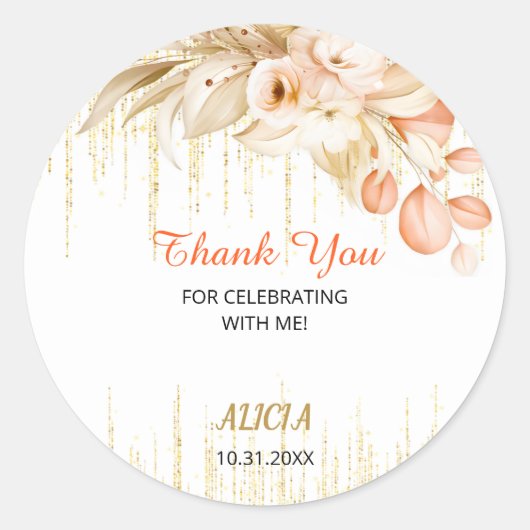 金ゴールドグリッターチェーンイエローオレンジフラワー誕生日 ラウンドシール (正面)