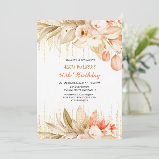 金ゴールドグリッターチェーンイエローオレンジフローラ誕生日 招待状 (スタンド正面)